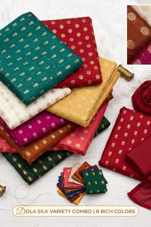 Premium Dola Silk Fabric with Golden Zari  Motifs